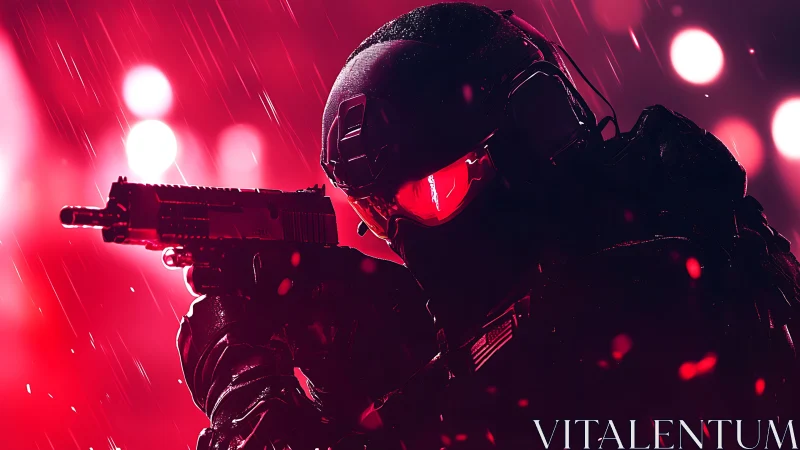 Neon-soaked covert operative carves focus from crimson rain