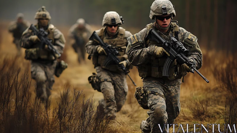 Armed soldiers advance across a grassy field in formation
