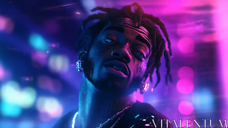 Digital portrait depicts tattooed man in neon bokeh lighting