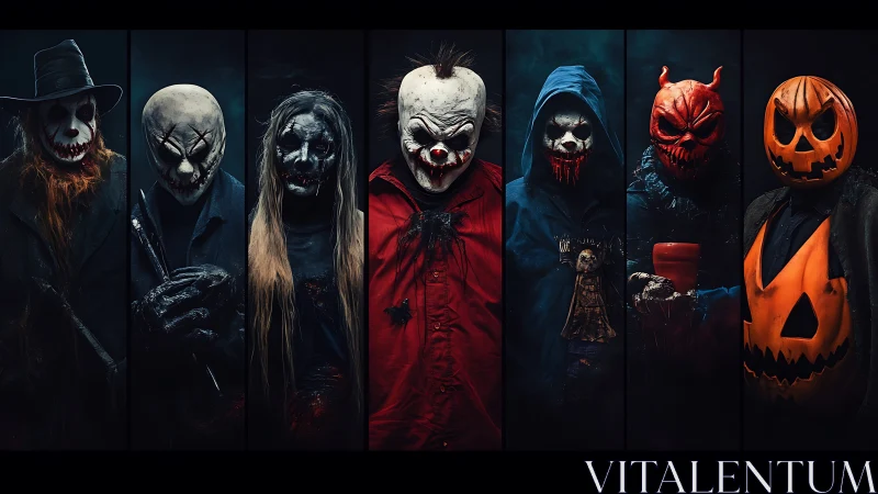 Seven nightmare jesters pose in a theatrical corridor of dread