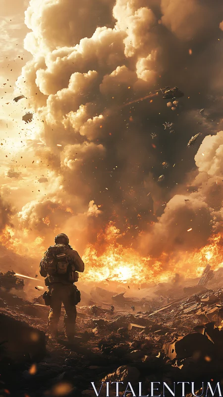 Soldier observes large explosion amid dense battlefield smoke