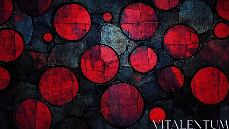 Abstract red circles on textured dark background, modern digital art.