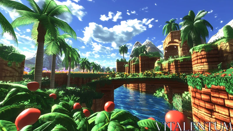 Tropical Paradise with Red Fruit and Brick Architecture.