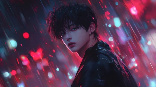 Moody young man in neon rain soaked city street scene.