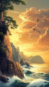 Rocky coastal cliffs with waves and distant island at dusk.