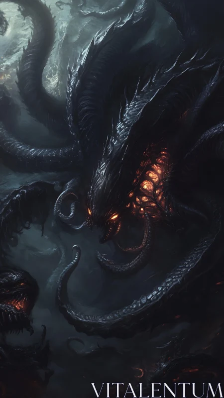 Midnight abyss serpent rising with molten ember heart.