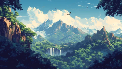 Lush mountain valley with waterfalls and bright sky.
