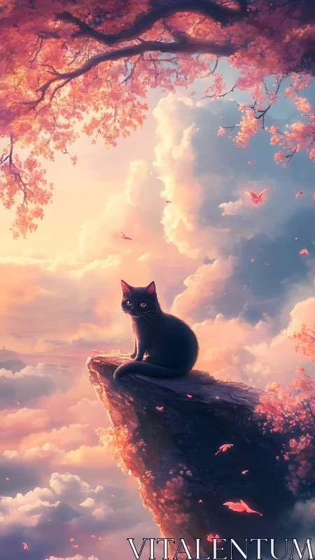 Midnight cat poised on a cloudlit cliff at pastel dawn.