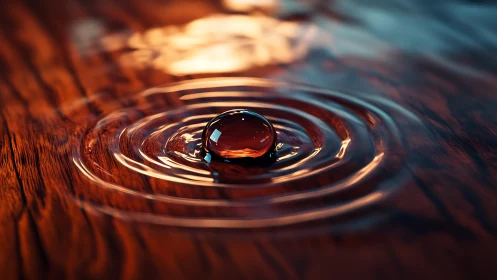 Ripples of amber light crown a single perfect droplet.