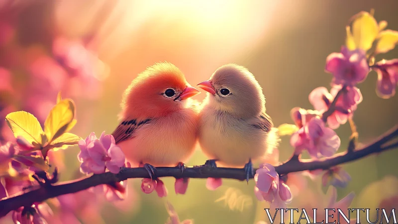 Two Birds on Flowering Branch at Sunset.