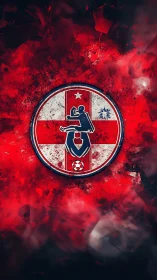 Martial arts crest over red abstract grunge field.