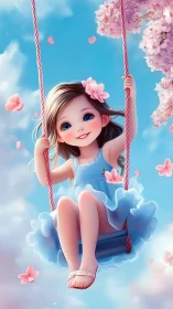Smiling girl on swing amid pastel blossoms and butterflies.