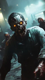 Glowing-eyed zombie advances through rain-soaked alleyway at night.