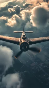 Single propeller aircraft in cloud layer over fields.