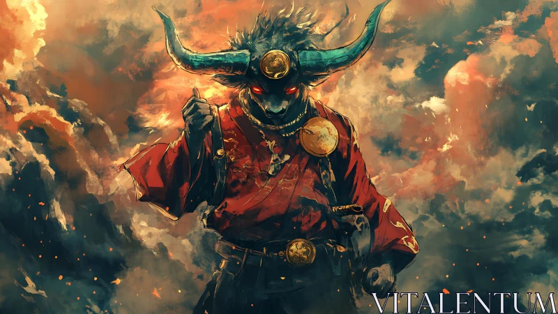 Horned demon warlord advances through incendiary stormfront