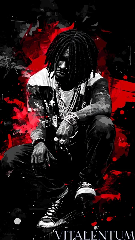 Brooding street musician rests in bold red splatter art