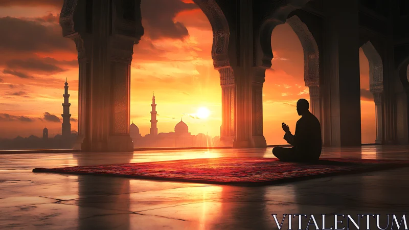 Quiet sunset prayer in a glowing courtyard sanctuary.