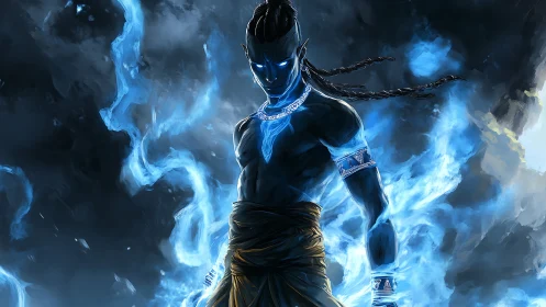 Bioluminescent warrior silhouette radiates blue ethereal plasma