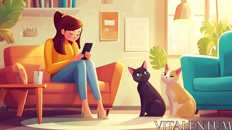 Woman on sofa using phone beside two cats in sunny lounge.