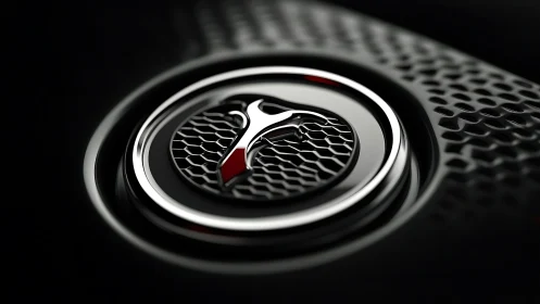 Chrome emblem circles a crimson accent on sculpted grille.