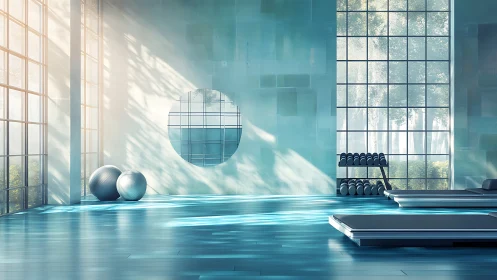 Sunlit minimalist gym interior with reflective glass walls.