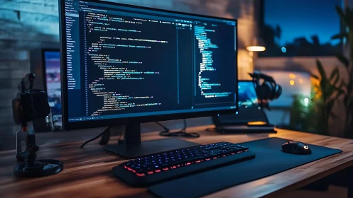 Ultrawide monitor displays colorful code in a minimalist dev setup