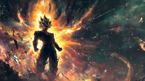 Silhouetted warrior amid radial fiery energy burst field.