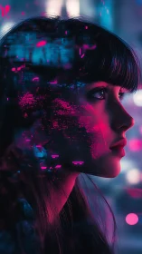 Profile view of woman overlaid with neon digital interface
