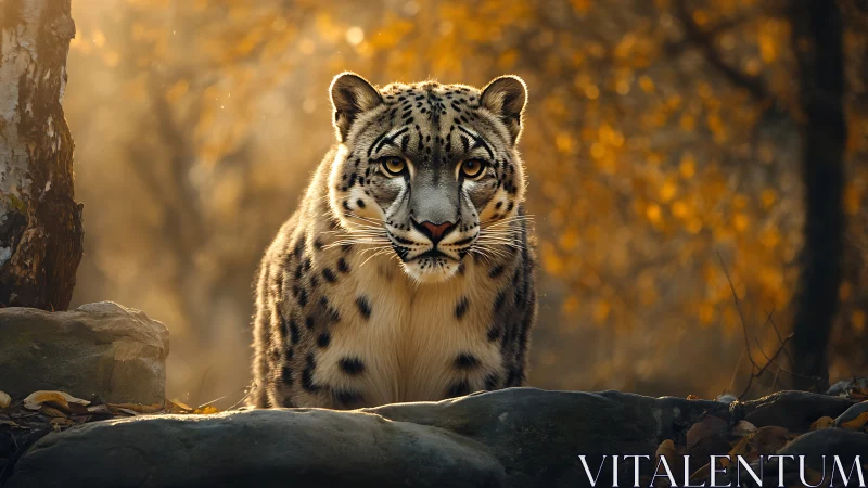 Snow leopard staring forward in warm autumn forest light.