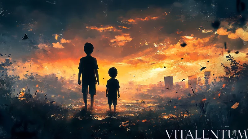 Silhouetted siblings observing post urban skyline at blazing sunset