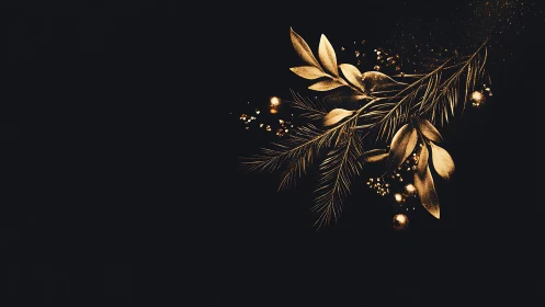 Gold botanical spray on black minimal festive background.
