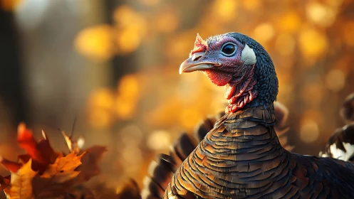 Wild Turkey Head Portrait in Golden Autumn Light.