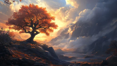 Autumnal tree on storm-carved ridge under volumetric sky.