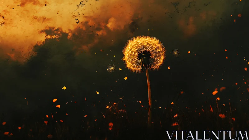 Glowing dandelion burns softly against a storm-darkened sky