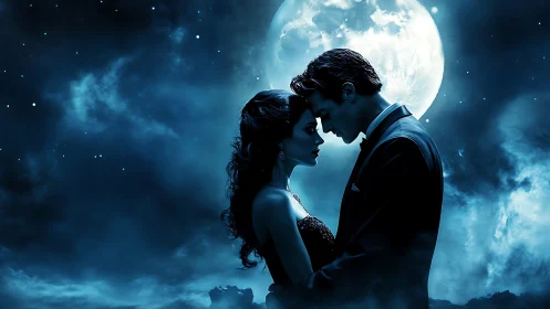 Couple Under Full Moon. Romantic Silhouettes at Night.