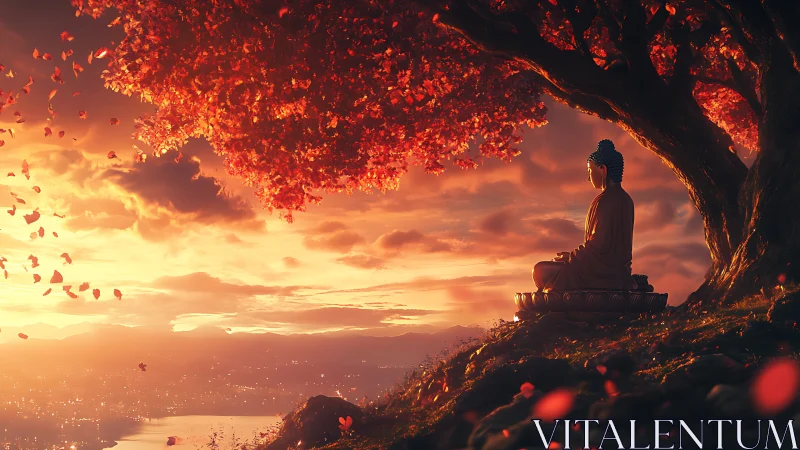 Serene Buddha statue under luminous sunset sky with falling leaves