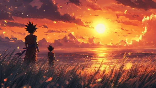 Two anime warriors watching blazing ocean sunset horizon