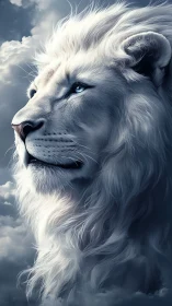 Digital painting profile of ethereal white lion in clouds.
