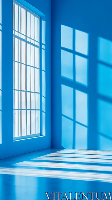 Tall window casts gridded shadows across a blue interior wall
