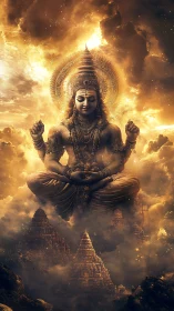 Golden celestial deity meditates above luminous temple clouds.