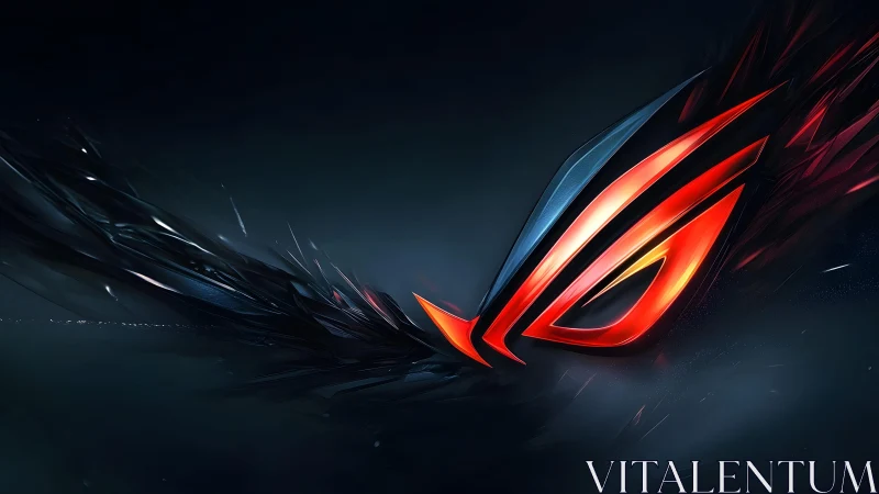 Futuristic red and black gaming logo digital artwork on dark background.