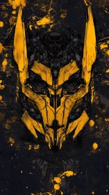 Bold golden mech mask glowing against deep inky night.