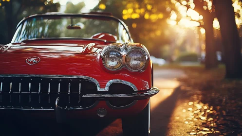 Sunlit red classic convertible on a tree-lined avenue.