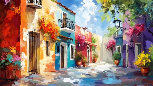 Colorful sunlit village street bursting with flowers and joy.