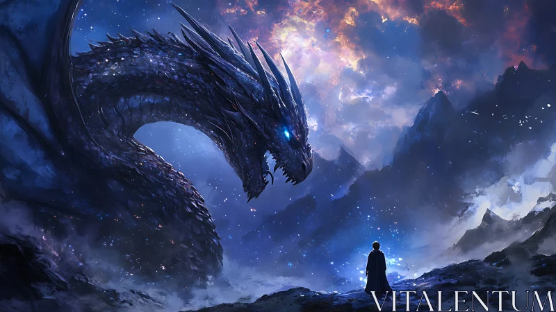 Starlit dragon confronting lone cloaked figure at dusk.