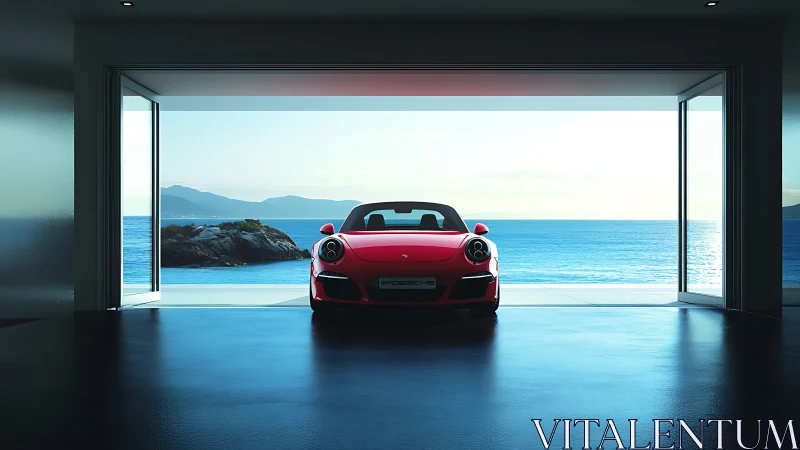 Sunlit red sports car waits in a sleek oceanfront garage