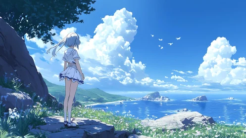 Girl on cliffside watches bright summer clouds over ocean