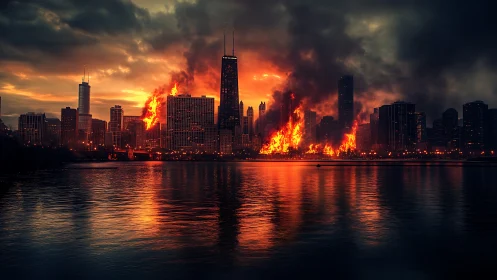 Chicago Skyline Engulfed in Flames at Dusk.