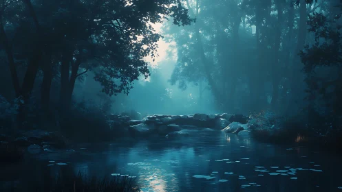 Luminescent Stream Through Emerald Woodland Reverie.