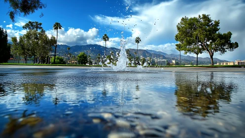 Photorealistic low-angle urban park fountain with reflections.